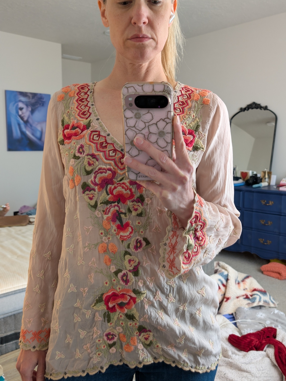 Johnny Was Blush Pink Floral Embroidered V-Neck Tunic - Picture 3 of 3